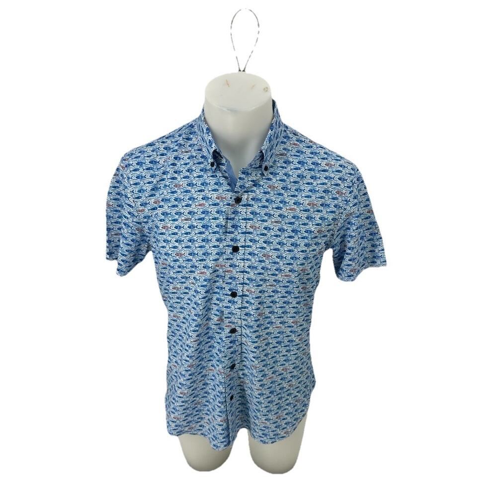 Con.Struct M Men Slim Fit Fish 4-Way Stretch Short Sleeve Button Up Shirt L39
